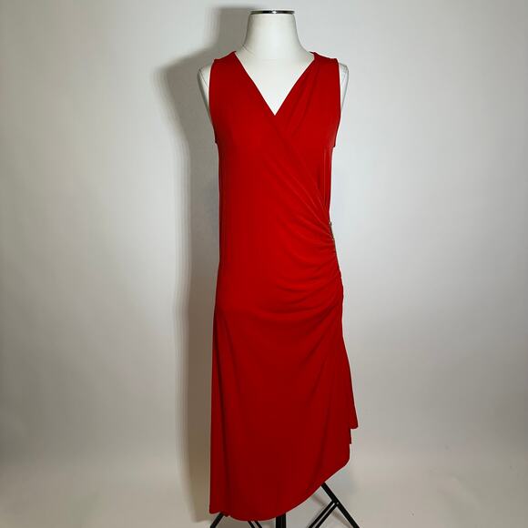Michael Kors Red Asymmetric Gold Hardware Sleeveless Ruched Dress Womens Large L - Picture 1 of 11